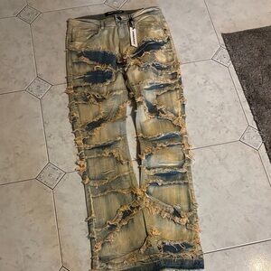 Rugged Distressed Tan and Blue Men's Jeans